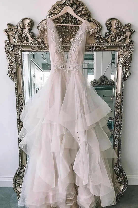 tulle a line v neck lace applique layered long prom wedding dress
