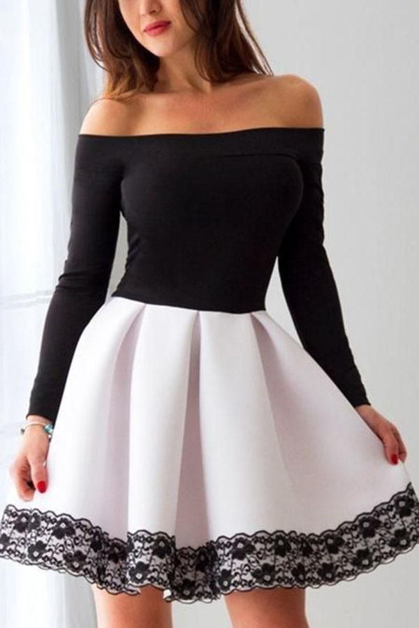 short black long sleeve a line homecoming dresses with lace