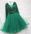 green long sleeve homecoming dress tulle short prom party dress with beading