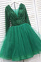 Green Long Sleeve Homecoming Dress, Tulle Short Prom Party Dress With Beading GM352