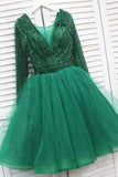 green long sleeve homecoming dress tulle short prom party dress with beading