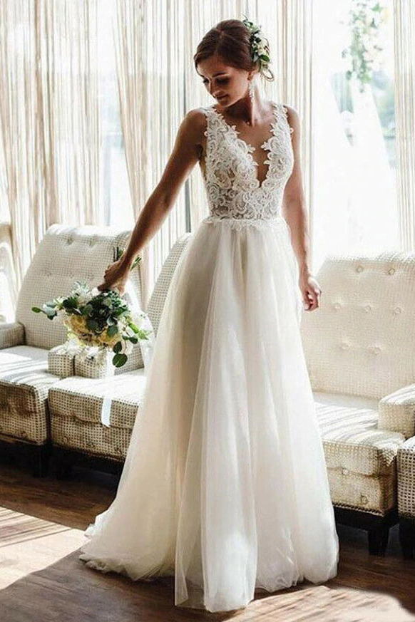 Backless A-line Beach Wedding Dress, Lace Appliques Tulle Boho Bridal Gowns PW05