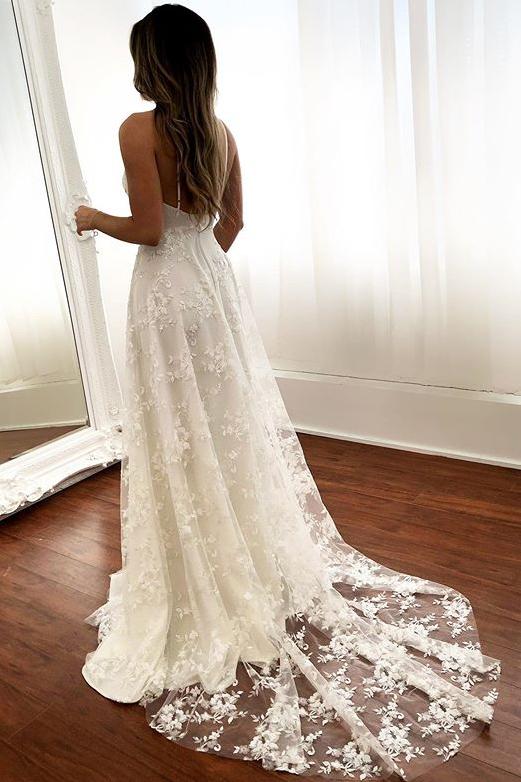 lace beach wedding dresses v neck backless bridal gown with split