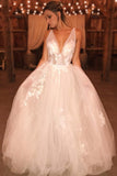 A-line V-neck Boho Sleeveless Wedding Dresses Applique Tulle Bridal Gown PW12