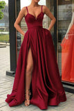 Burgundy Long Prom Dress with Pockets, Spaghetti Straps Evening Gown With Split GP33