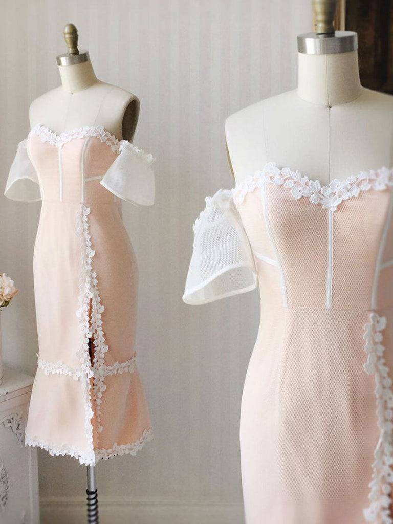 elegant sweetheart off shoulder pink sheath prom dress knee length formal gown