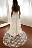 lace beach wedding dresses v neck backless bridal gown with split