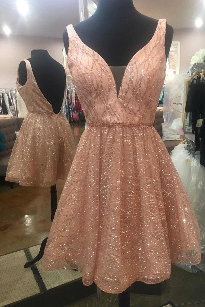 a line v neck backless homecoming dresses sequins short prom dress