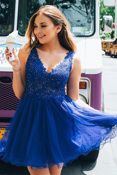 royal blue v neck short tulle plus size sleeveless prom dress