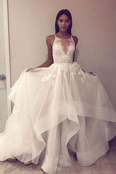 round neck tulle long prom dress open back wedding dress with lace