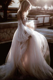 romantic appliques off shoulder tulle wedding dress with long puff sleeves