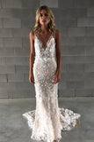 Boho Lace Wedding Dress Straps With Floral Appliqu¡§| Sheath Brida Gown GM355