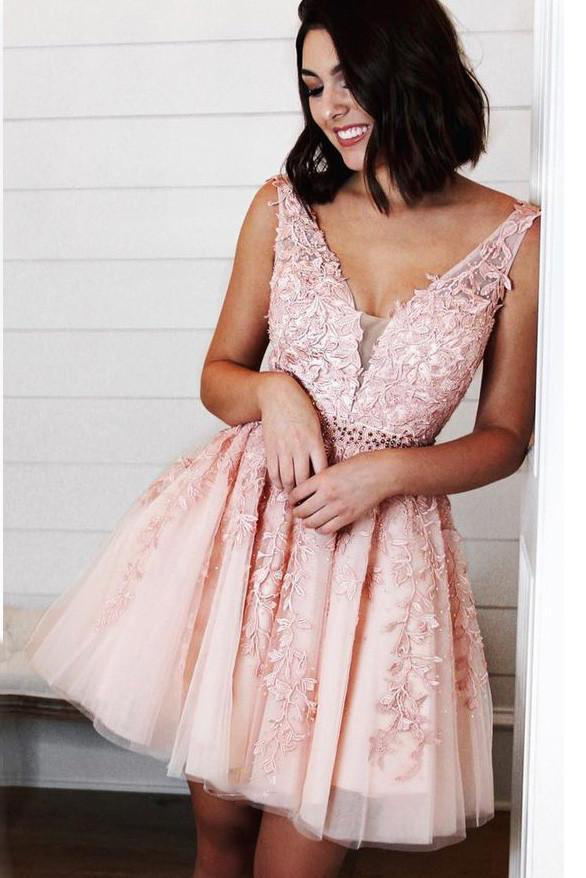 chic a line tulle applique short prom dress v back homecoming party dress