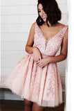 Chic A-line Tulle Applique Short Prom Dress V-back Homecoming Party Dress GM276