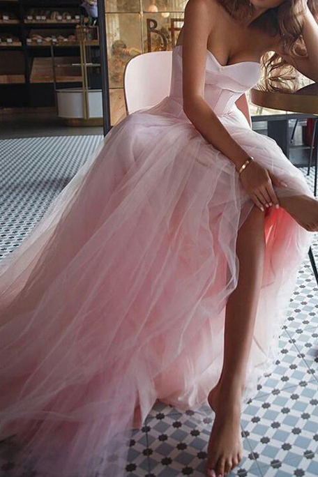 a line pink long prom dresses strapless tulle evening dress