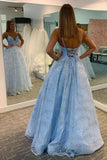 light blue sparkly tulle backless long prom dress