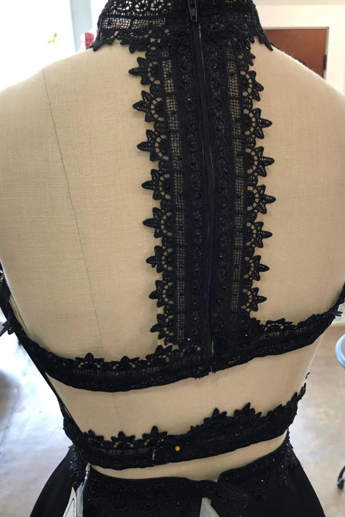 two piece little black dress lace top cut out satin party dress