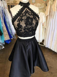 Two Piece Little Black Dress Lace Top Cut Out Satin Party Dress GM62