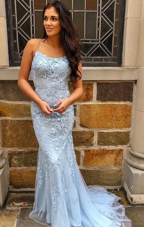 mermaid light sky blue long floral prom dresses backless tulle formal gown