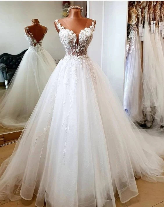 princess ball gown v neck v back tulle wedding dress with applique