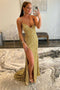 Gold Sequin Mermaid Long Prom Dress Sparkly Evening Gown with Slit GP329
