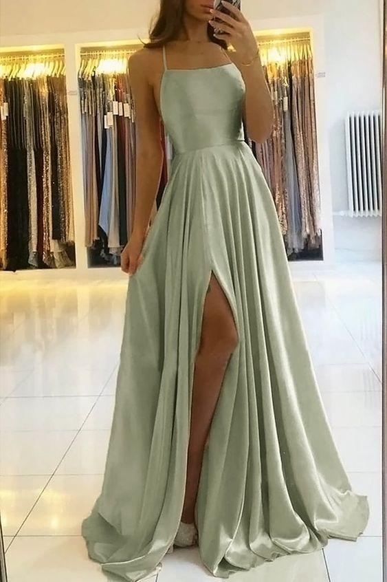 simple a line long prom dresses with slit backless evening dress