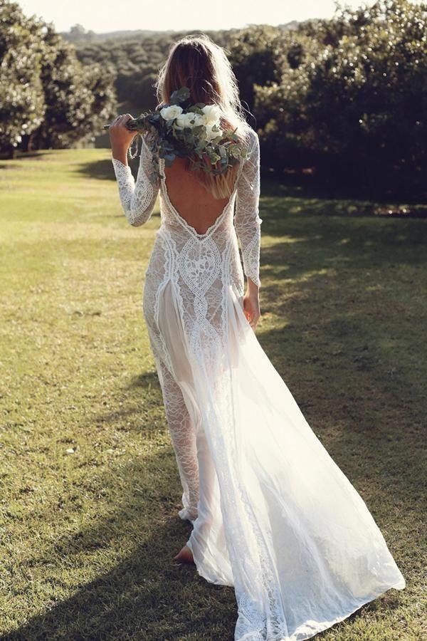 ivory long sleeves sheath backless beach lace wedding dress