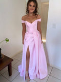 Pink Long Simple Prom Dresses, Off Shoulder Sleeveless Evening Dress With Split MP80