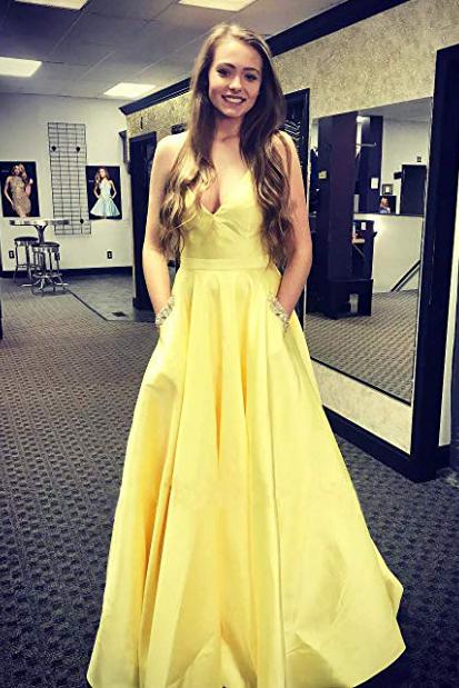 Spaghetti Straps V Neck Yellow Prom Dresses with Beaded Pockets MP207