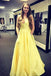 spaghetti straps v neck yellow prom dresses with beaded pockets