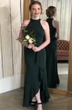 dark green halter a line satin prom dresses ruffles bridesmaid dress