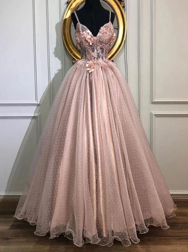 A-line v-neck tulle long prom dresses, pearl pink appliques formal evening dress mg250