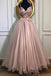 A-line V-neck Tulle Long Prom Dresses, Pearl Pink Appliques Formal Evening Dress MG250