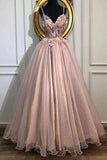 A-line V-neck Tulle Long Prom Dresses, Pearl Pink Appliques Formal Evening Dress MG250