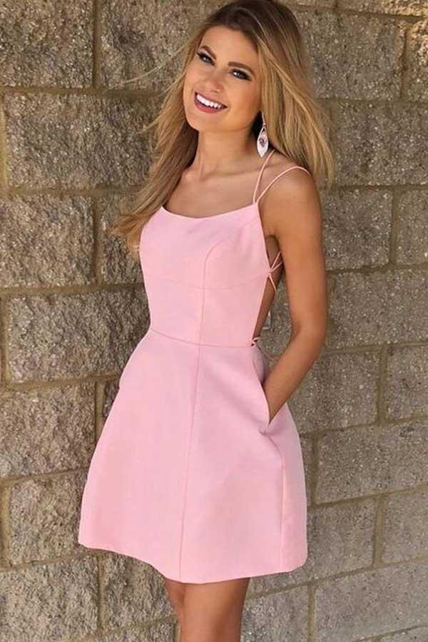 spaghetti straps short pink backless homecoming dress with pockets