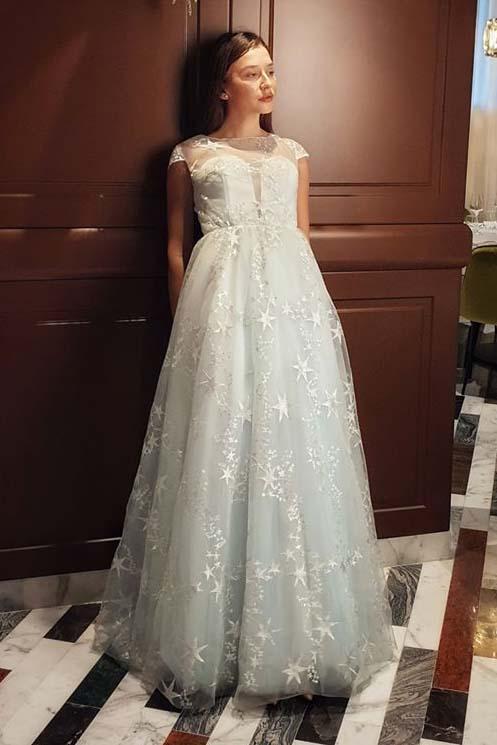A-line stardust cap sleeves long prom dresses tulle evening dress mg160