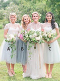 Jewel tea-length cap sleeves tulle bridesmaid dresses with lace gb375