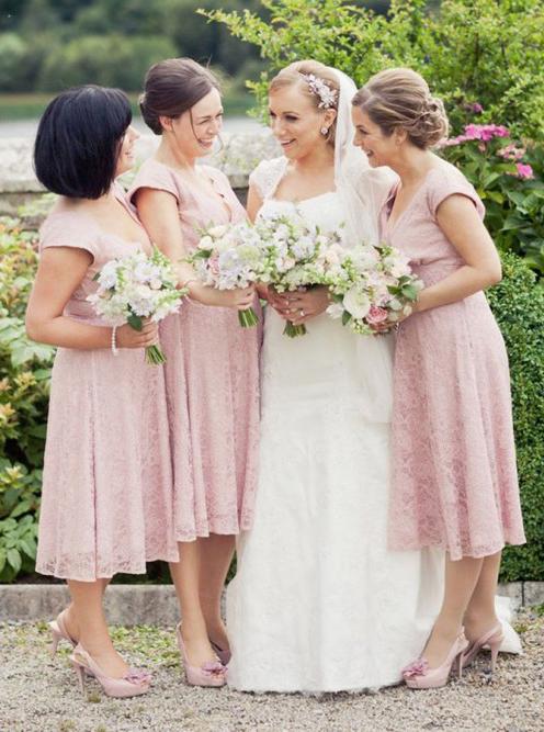 Cap sleeves deep v-neck tea-length pink lace bridesmaid dresses gb374