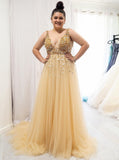 A-line V-neck Sequins Beaded Gold Plus Size Long Prom Dresses MP51
