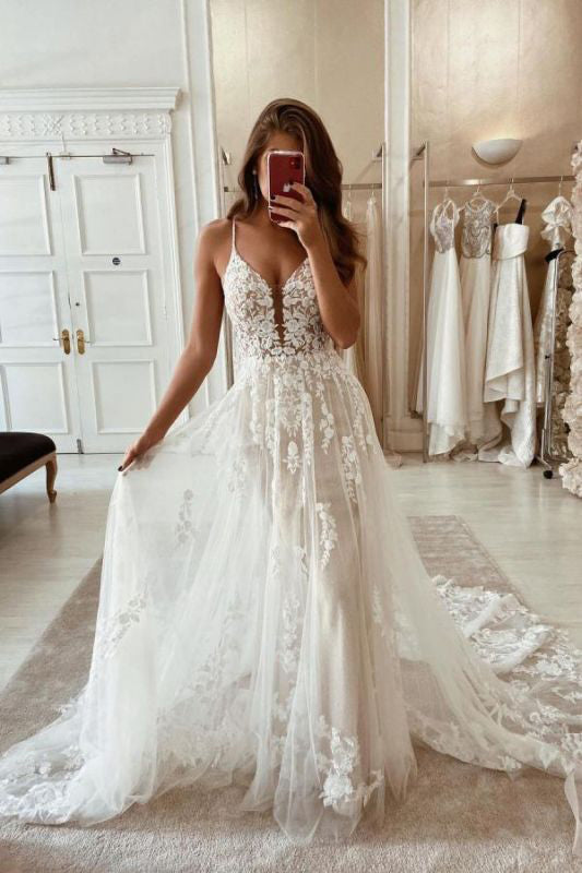 a line spaghetti straps backless sleeveless wedding dresses with appliques