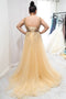 A-line V-neck Sequins Beaded Gold Plus Size Long Prom Dresses MP51