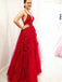 Backless Red Long Prom Dresses, V-neck Appliqued Sleeveless Evening Gowns MP82