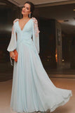 Elegant light blue long puffy sleeves evening dresses chiffon prom dress mg257