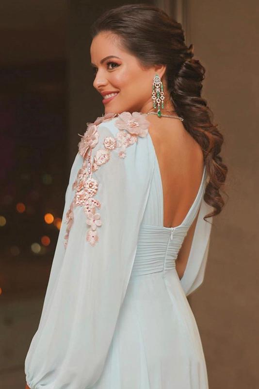 Elegant light blue long puffy sleeves evening dresses chiffon prom dress mg257