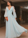 Elegant light blue long puffy sleeves evening dresses chiffon prom dress mg257