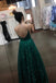 Sparkly A Line V Neck Dark Green Backless Prom Dresses Sequins Evening Dress MP24