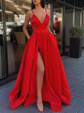 Simple A Line V Neck Red Long Prom Dresses, Formal Evening Dress With Pockets MP23