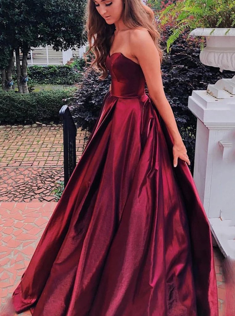 Sweetheart Burgundy Long Prom Dresses, A-line Pockets Formal Party Dresses MP63
