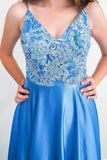 Ice Blue Backless Long Prom Dresses A-line Appliqued Formal Evening Dress MP79