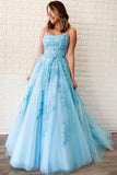 Spaghetti-straps Tulle Sky Blue Long Prom Dresses With Appliques MP75